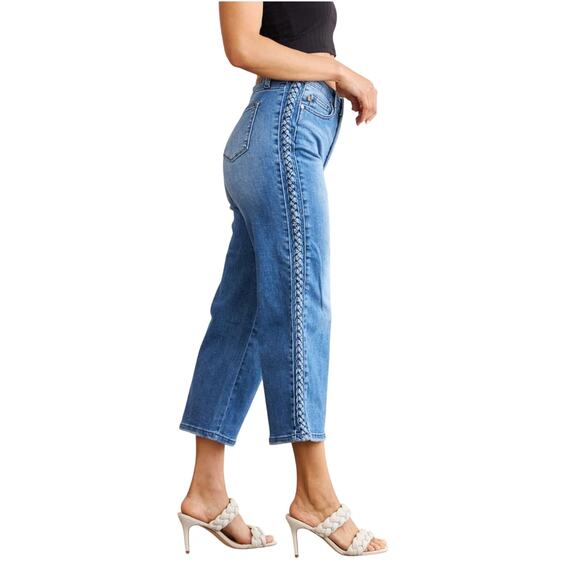 Judy Blue High Waist Braid Side Detailed Wide Leg Cropped Jeans, Size 13/31 - Picture 2 of 12
